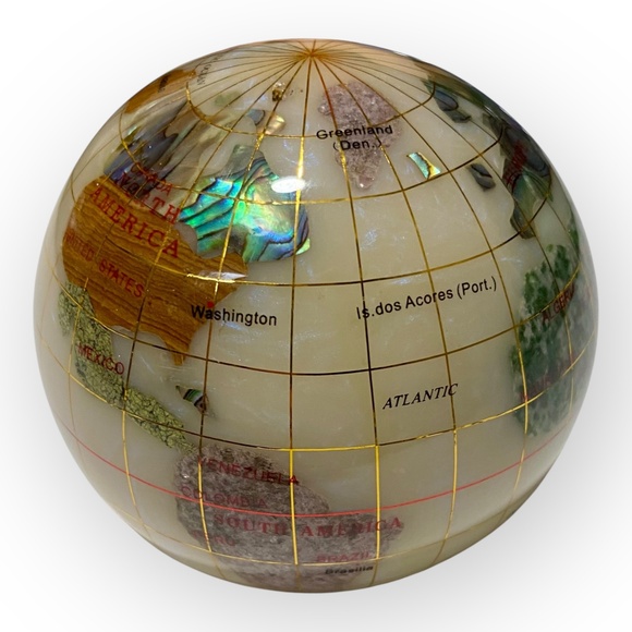 3” Gemstone Globe Paperweight with Opalite Ocean Semi-Precious Stone World Map - Picture 6 of 11